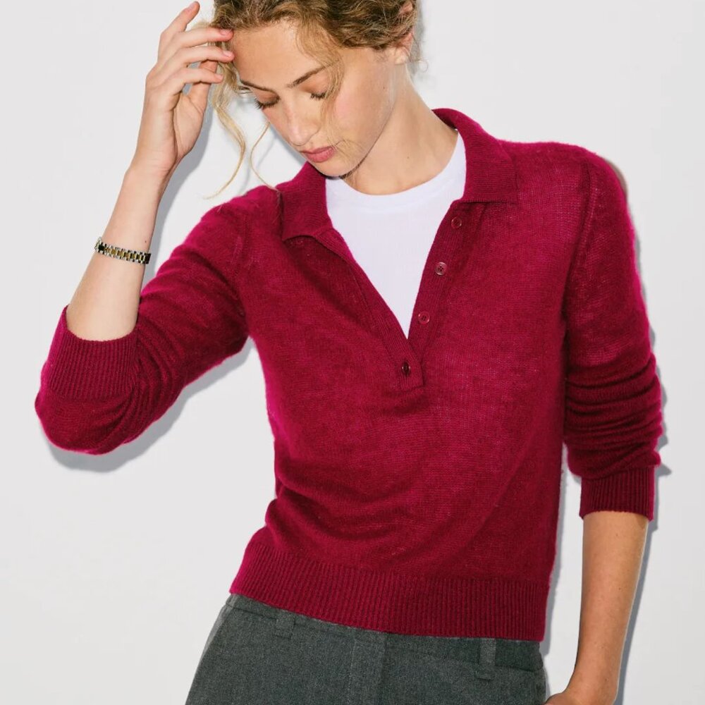 NAADAM Long Sleeve Polo Sweater Cranberry Red Cashmere Wool Knit Henley XS